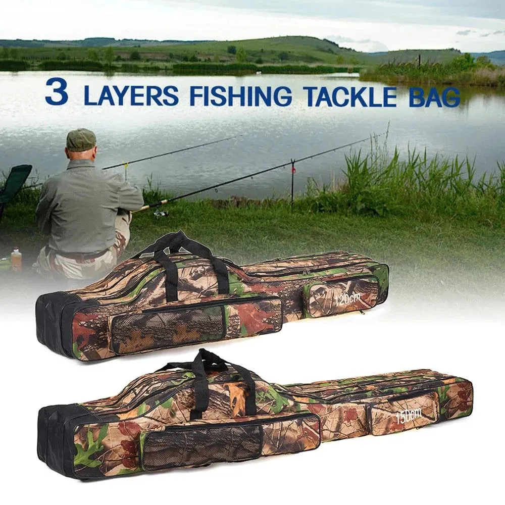 120cm/150cm 3 Layers Fishing Bag Portable Folding Fishing Rod Reel Bag Fishing Tackle Carry Bag Case For Outdoor Fishing