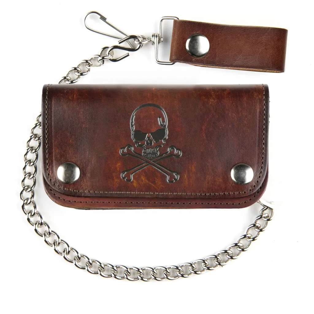 6" Skull Crossbones Leather Wallet w/ Chain