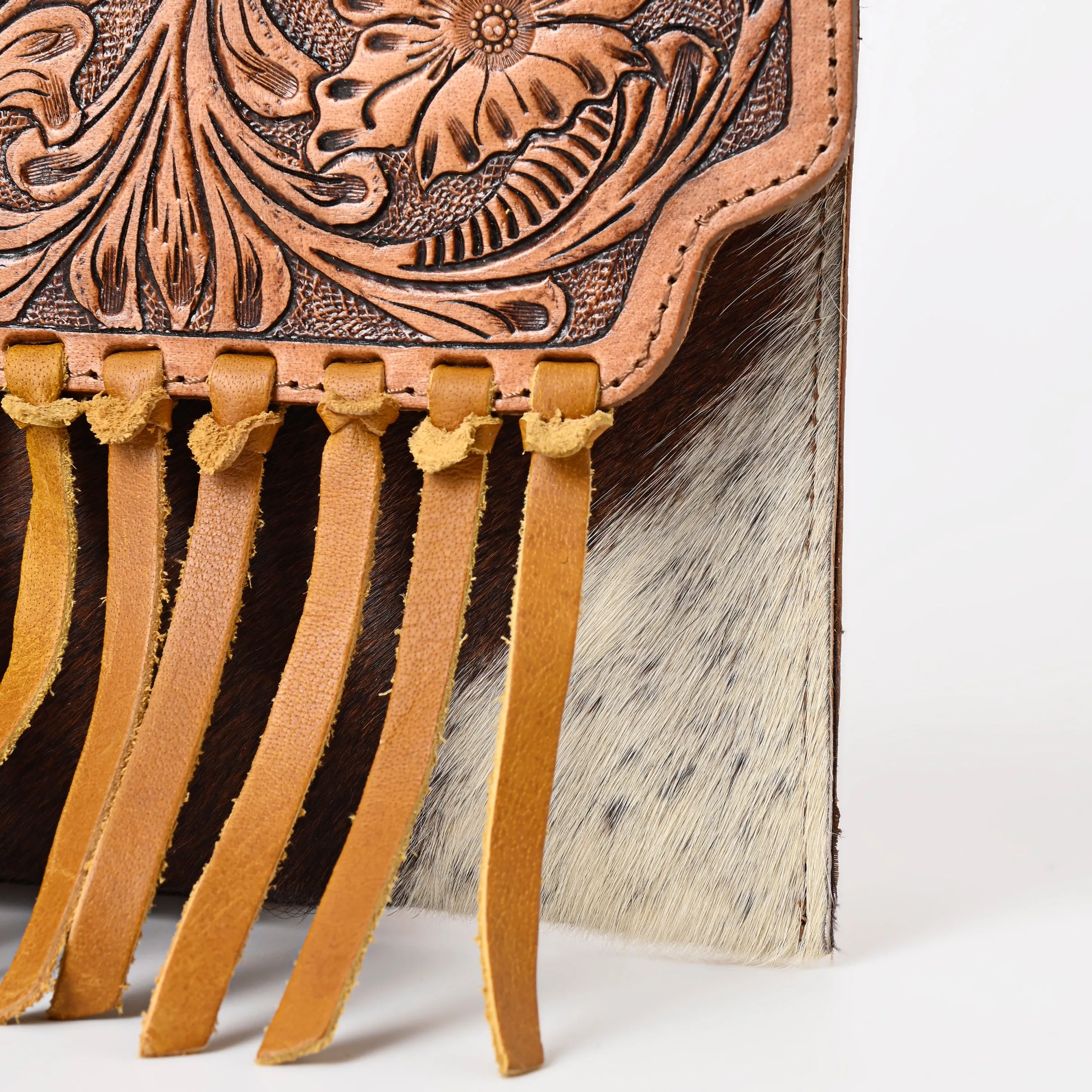 A&A-844A  Montana West Hand Tooled 100% Genuine Leather Hair On Cowhide  Fringe Crossbody