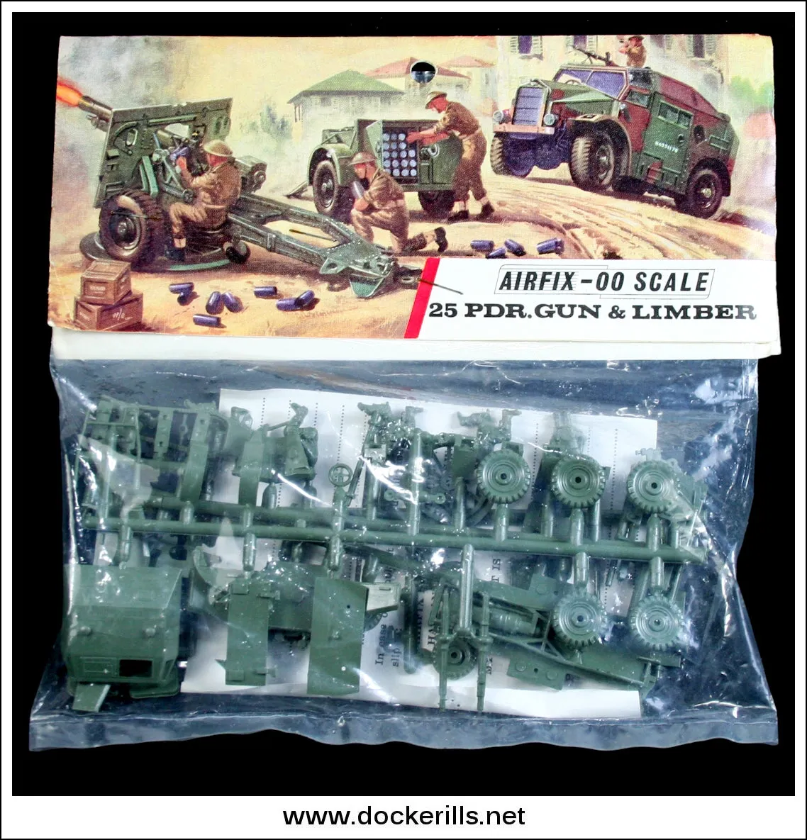 Airfix 25 Pdr. Gun & Limber OO Scale Kit. Vintage Red Stripe Bag.