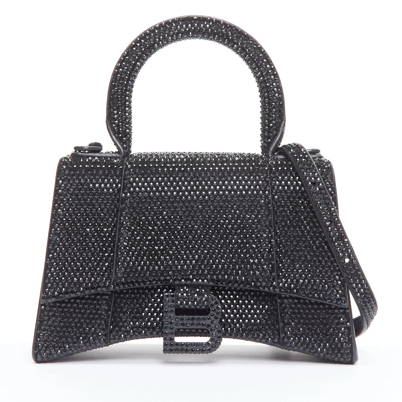 BALENCIAGA Demna Hourglass XS black strass crystal leather crossbody bag