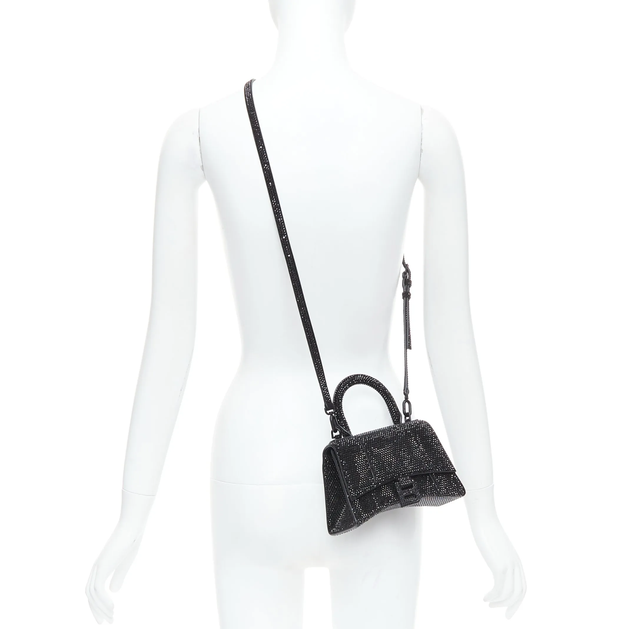 BALENCIAGA Demna Hourglass XS black strass crystal leather crossbody bag