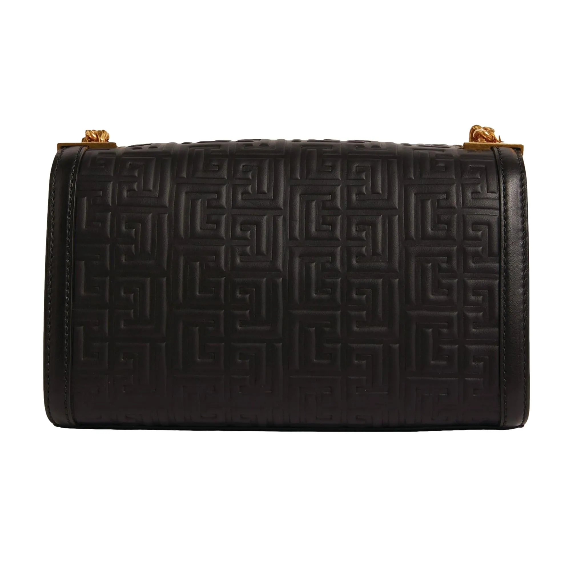 Balmain 1945 Black Leather Embossed Flap Medium Shoulder Bag