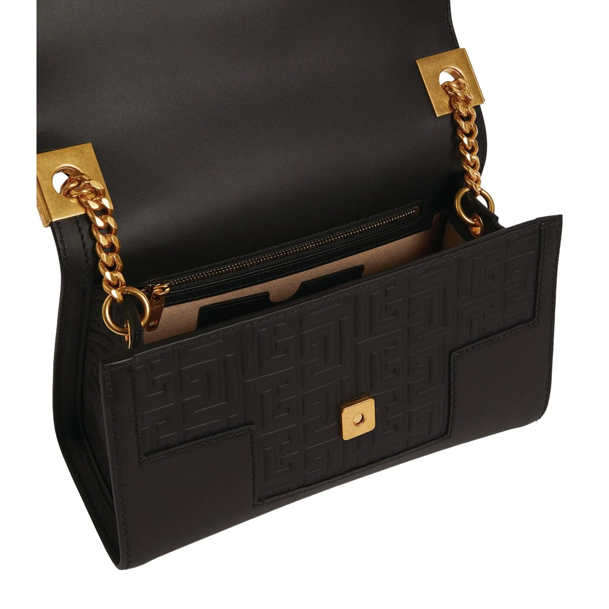 Balmain 1945 Black Leather Embossed Flap Medium Shoulder Bag