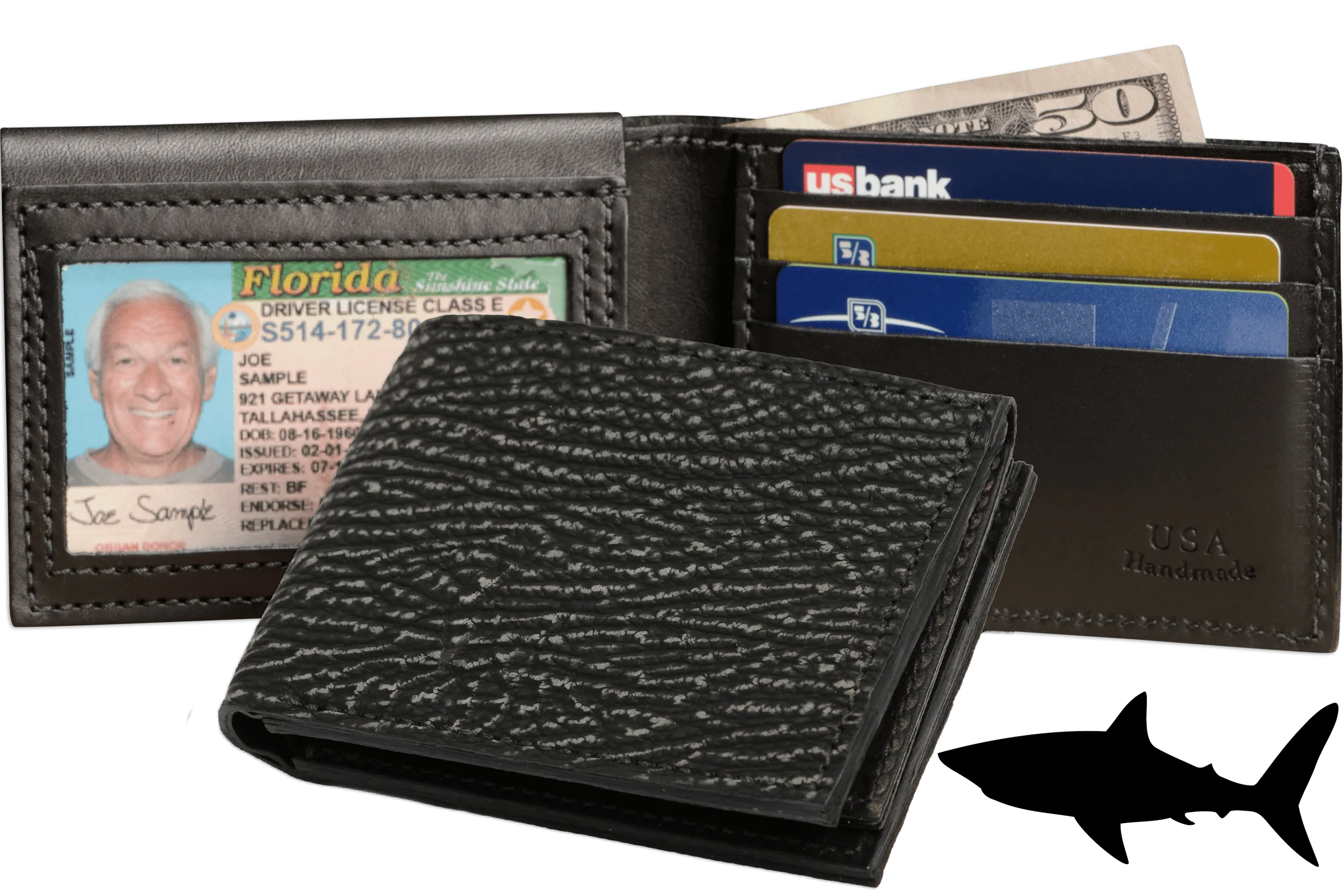 Black Suede Shark Luxury Designer Exotic Bifold Wallet With Flip Up ID Window