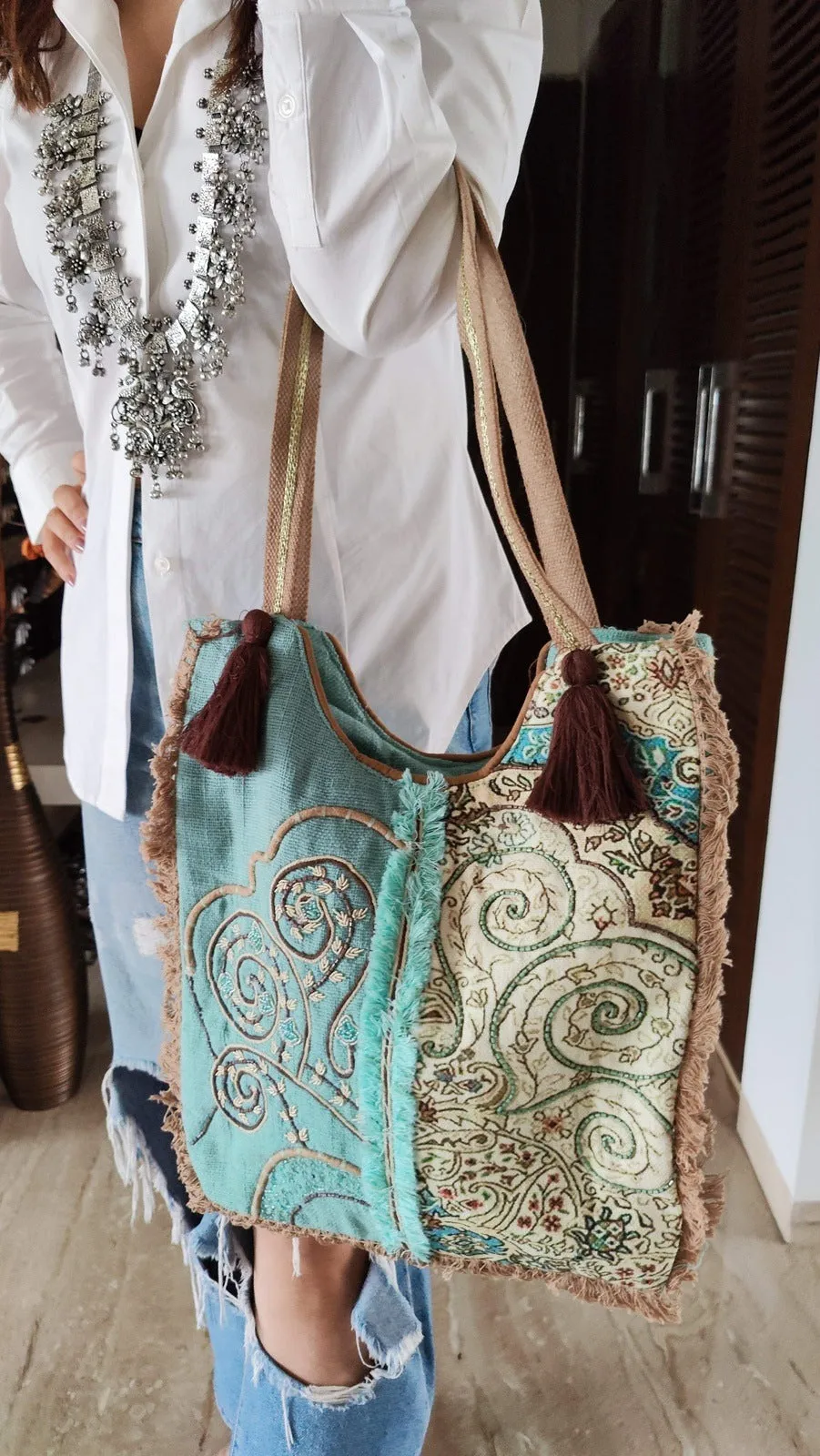 Blue Printed Banjara Handcrafted Embroidery Tote Bag