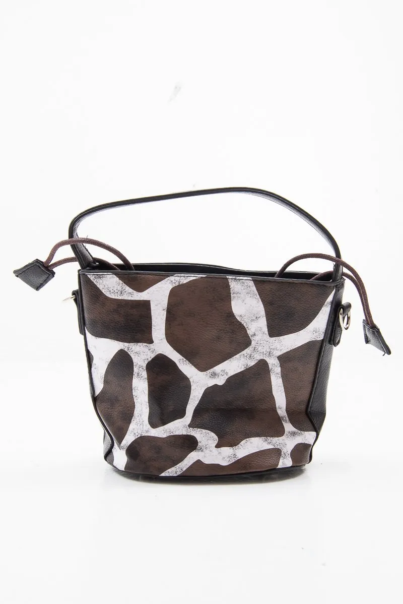 Brown Animal Print Drawstring Bucket Bag - Elissa