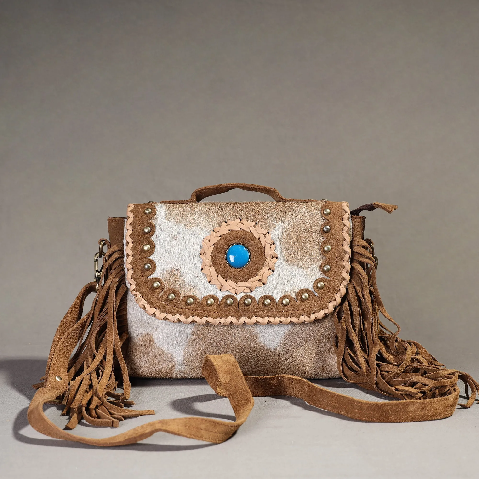 Brown - Handcrafted Fur Leather Fringe Sling Bag with Blue Stone