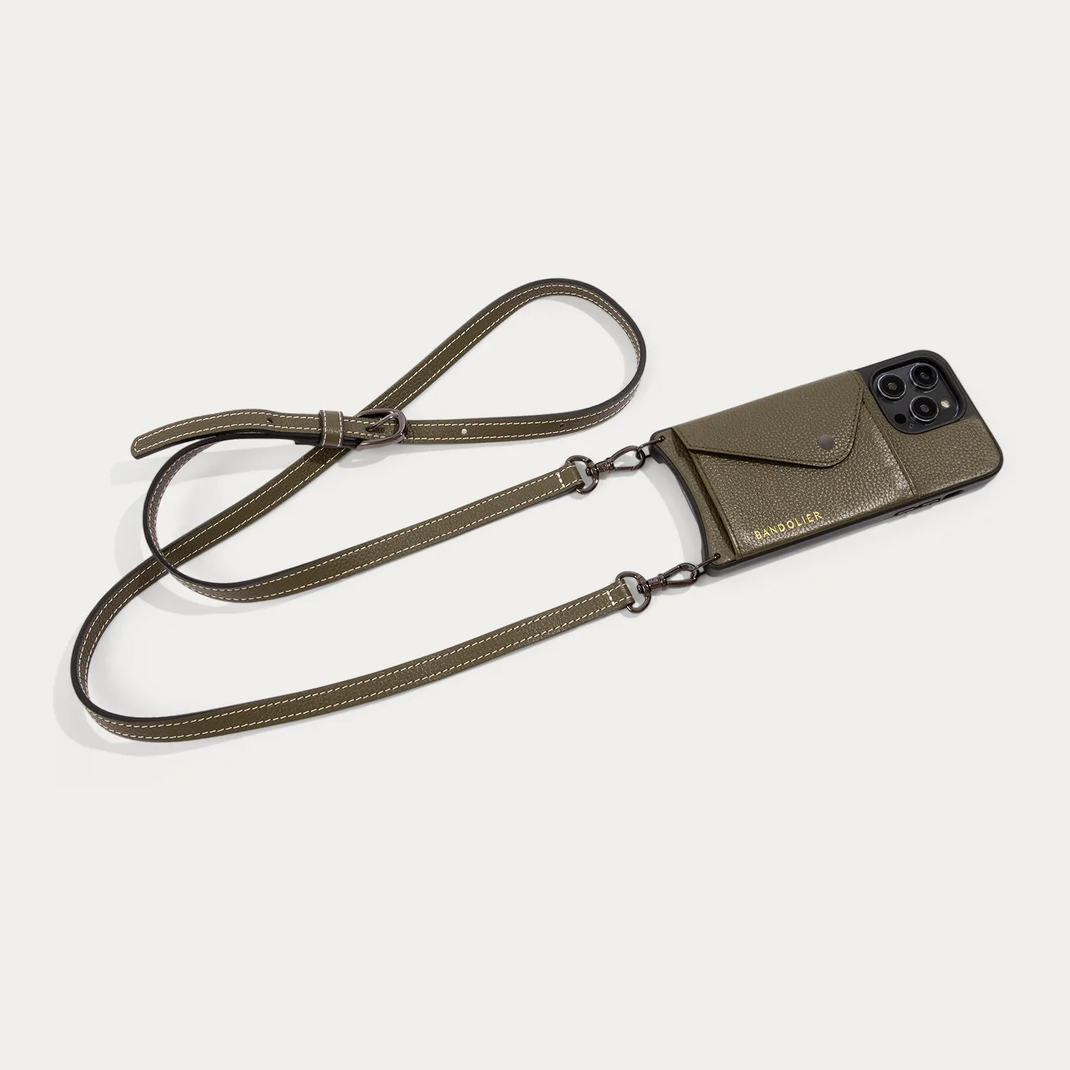 Casey Side Slot Pebble Leather Crossbody Bandolier - Army Green/Pewter