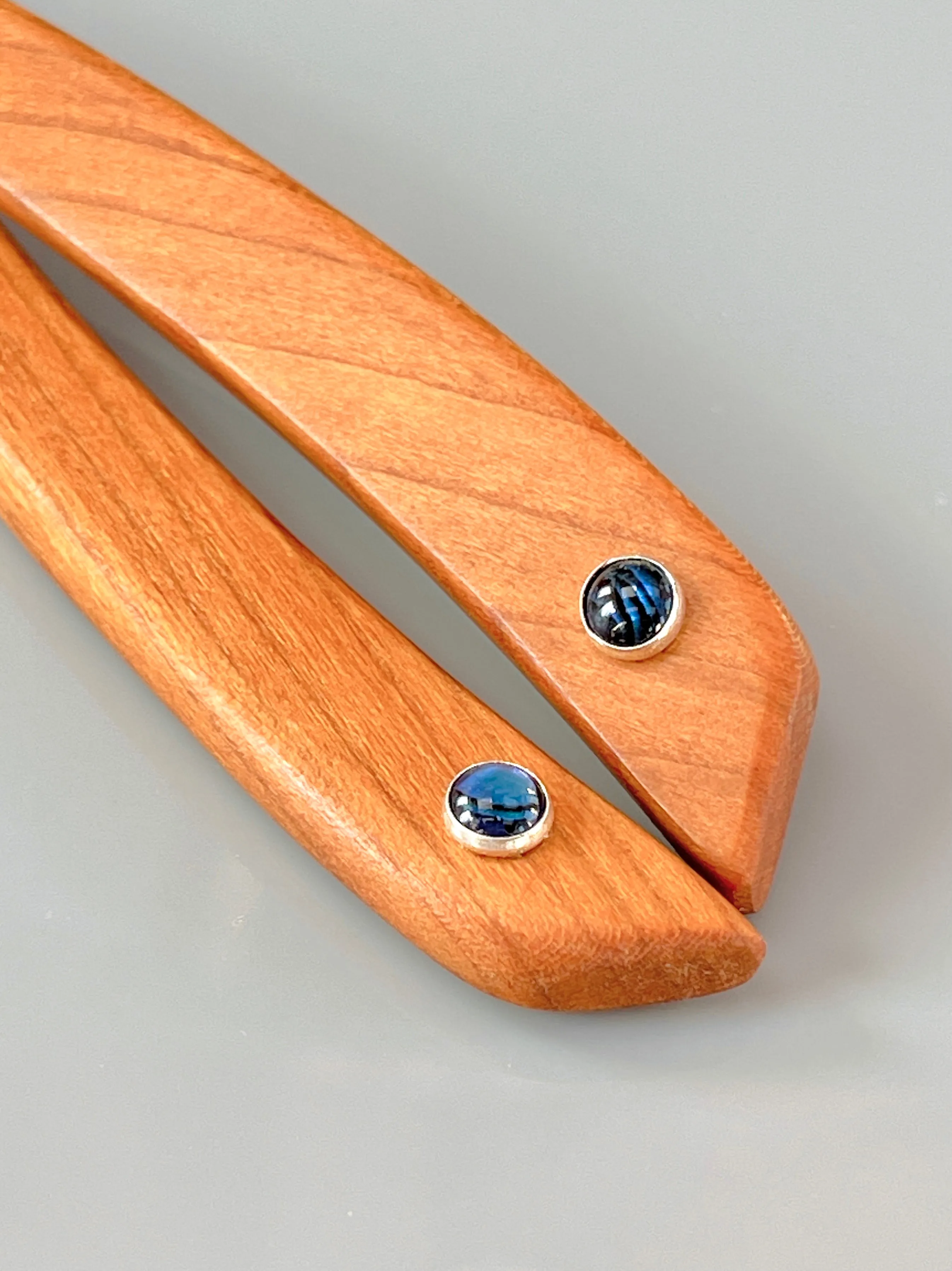 Cherry and Blue Paua Shell gemstone wood hair sticks, wooden hair sticks