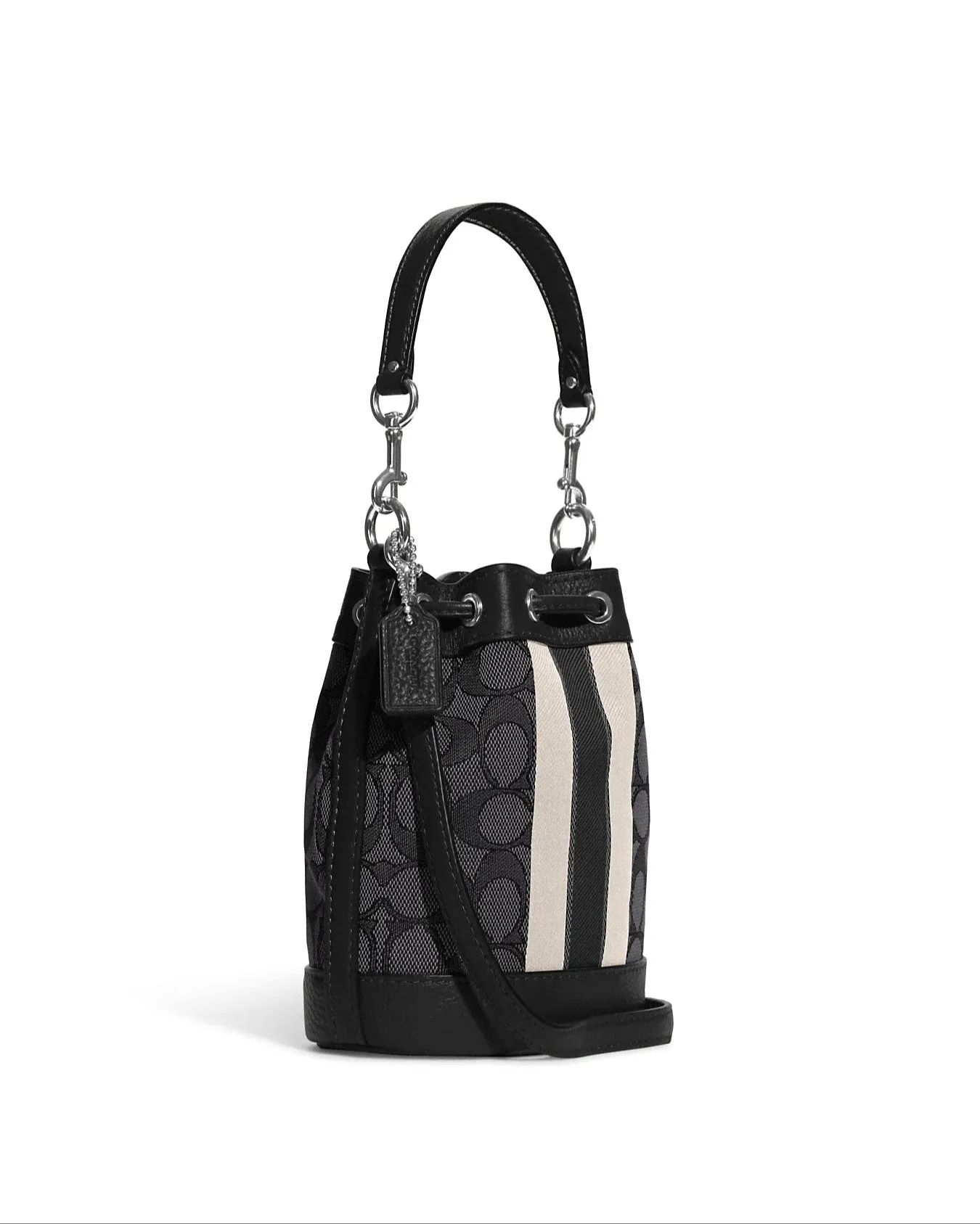 Coach Women's Graphite & Black Mini Dempsey Bucket Bag In Signature Jacquard With Stripe And Coach Patch