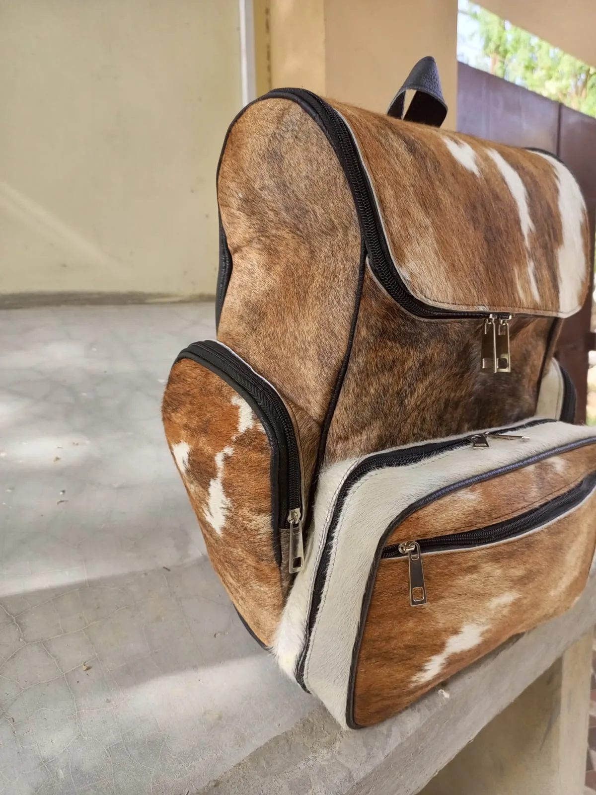 Cowhide Backpack Tan With Black Leather Back Large Backpack | Unisex Bag