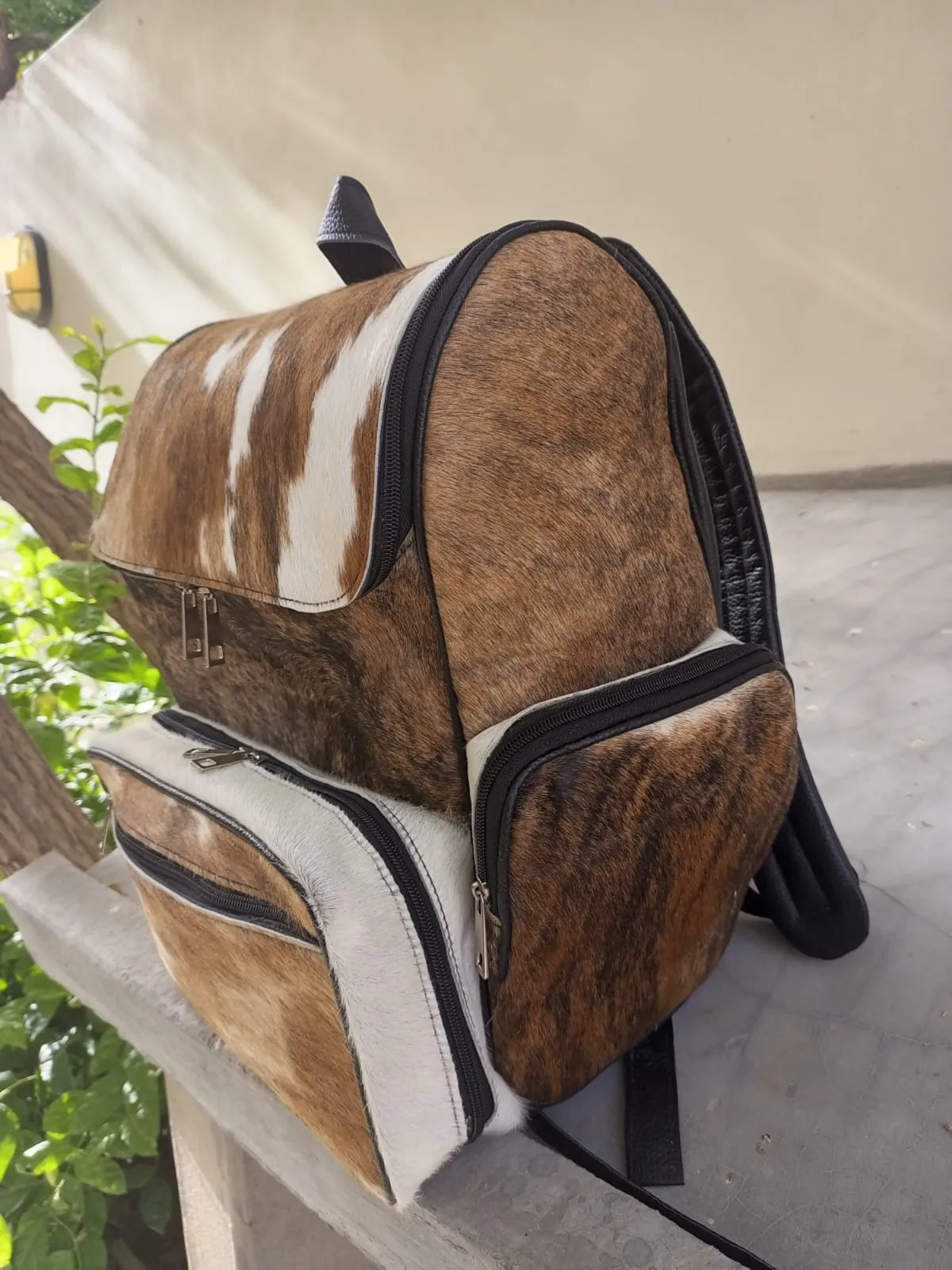 Cowhide Backpack Tan With Black Leather Back Large Backpack | Unisex Bag