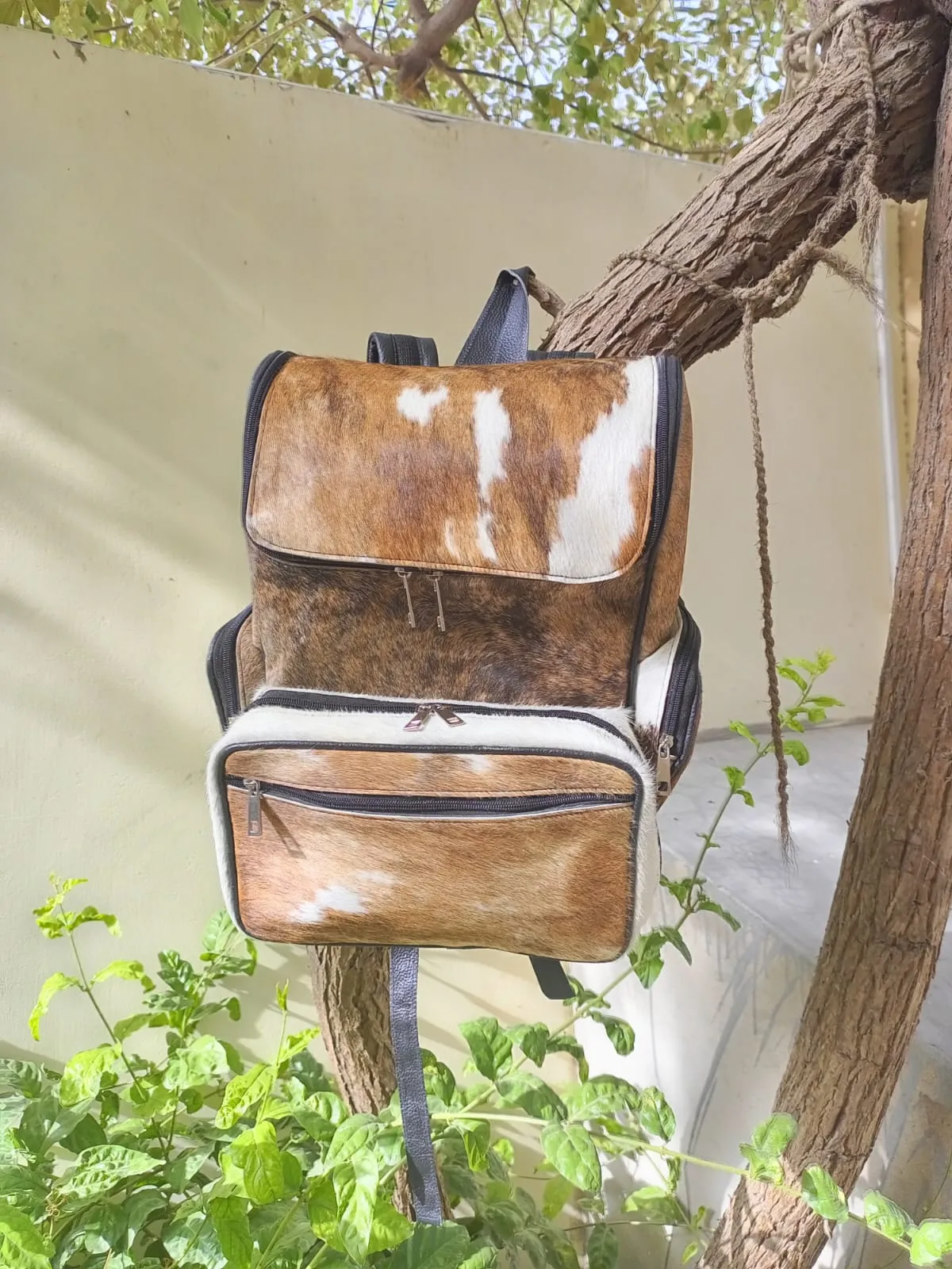 Cowhide Backpack Tan With Black Leather Back Large Backpack | Unisex Bag