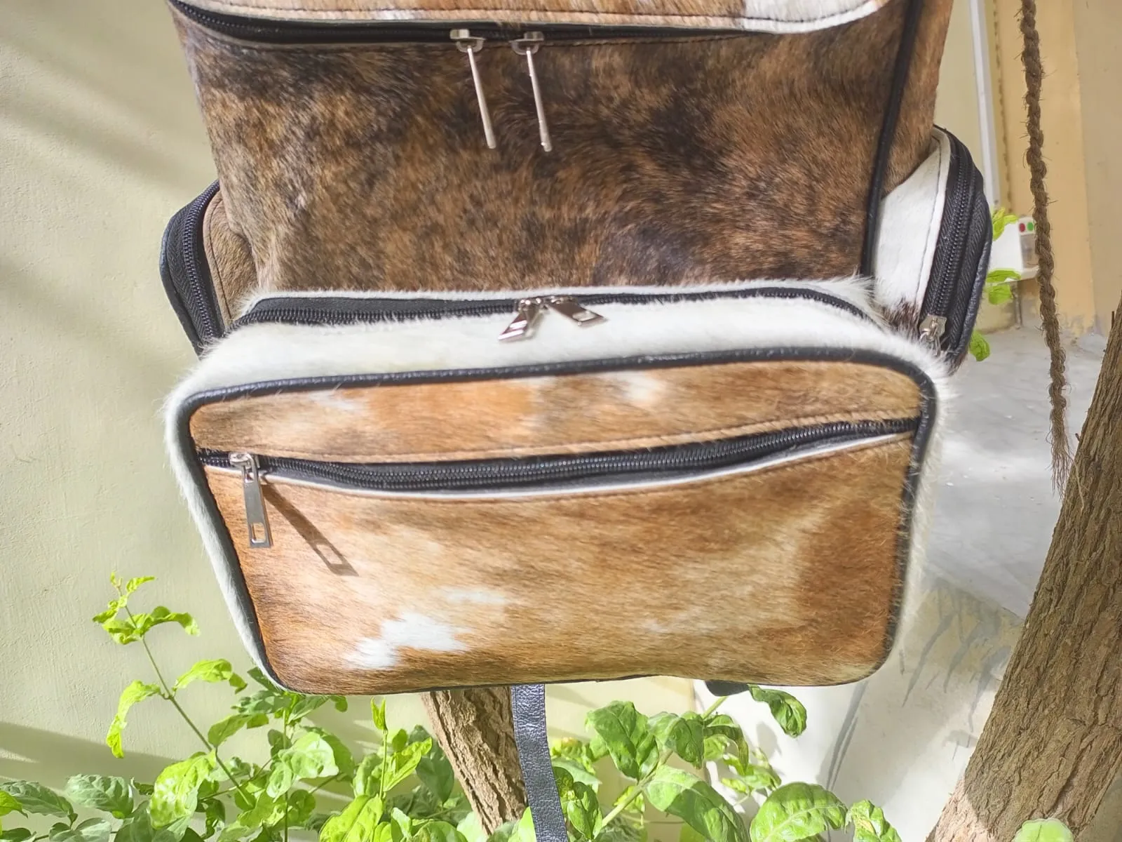 Cowhide Backpack Tan With Black Leather Back Large Backpack | Unisex Bag