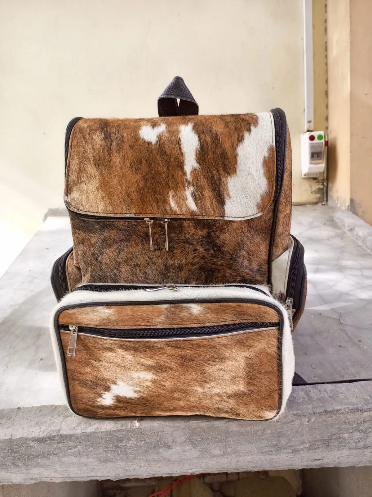 Cowhide Backpack Tan With Black Leather Back Large Backpack | Unisex Bag