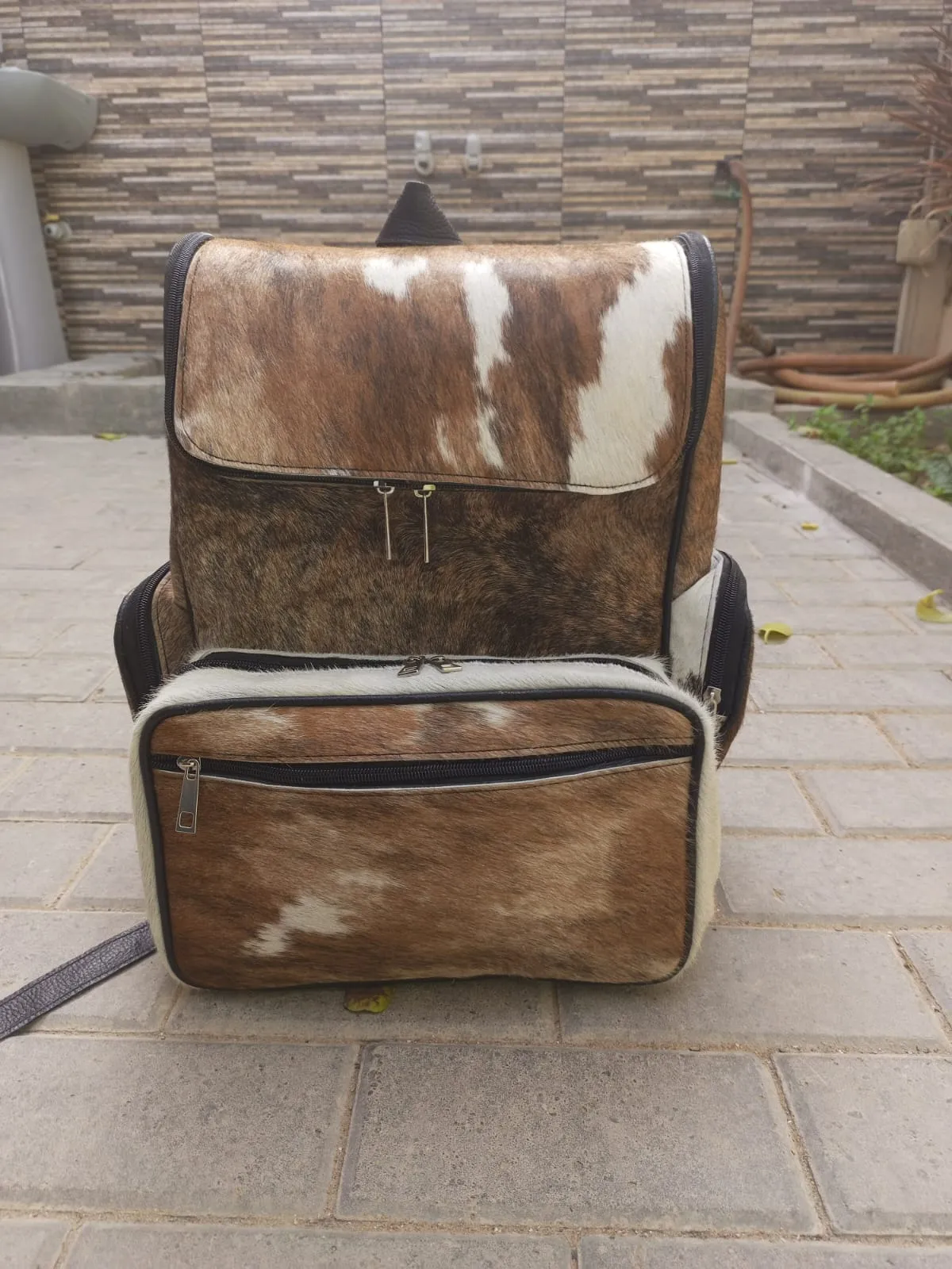 Cowhide Backpack Tan With Black Leather Back Large Backpack | Unisex Bag