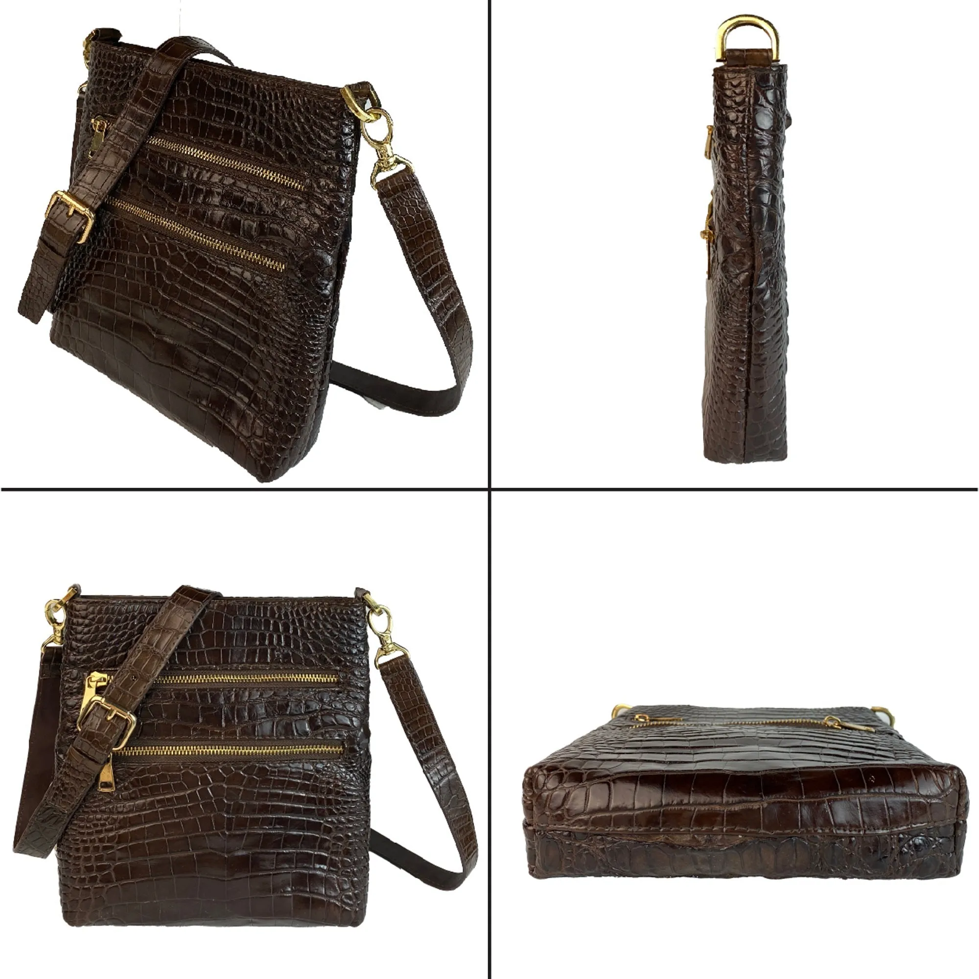 Dark Brown Men Small Messenger Bag Alligator Leather Crossbody Shoulder Bag Crocodile Belly Skin Casual Daypack Work Business Outdoor Cycling Hiking Travel