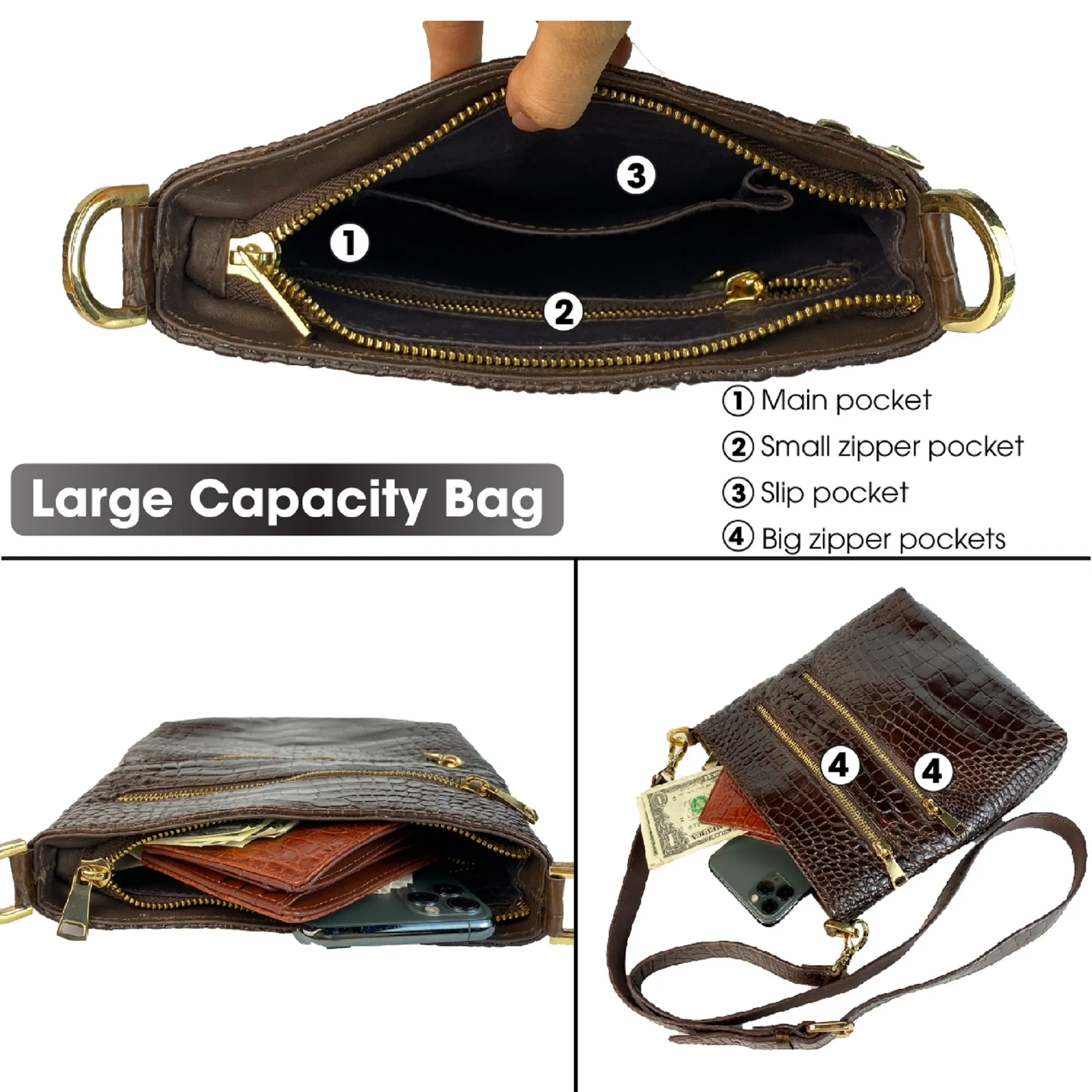 Dark Brown Men Small Messenger Bag Alligator Leather Crossbody Shoulder Bag Crocodile Belly Skin Casual Daypack Work Business Outdoor Cycling Hiking Travel