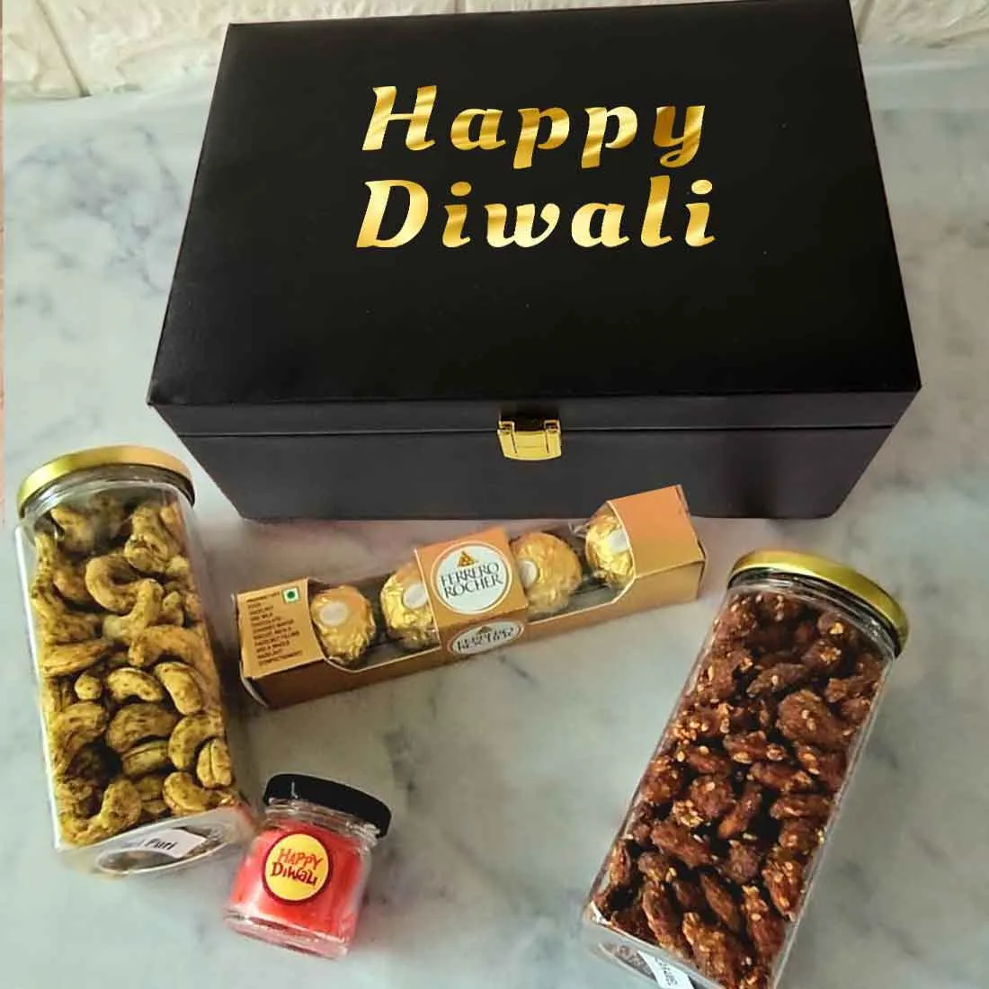 Diwali Gift Box with Custom Silver Coin Hamper Dry Fruits Silver Coin Chocolate & Candle