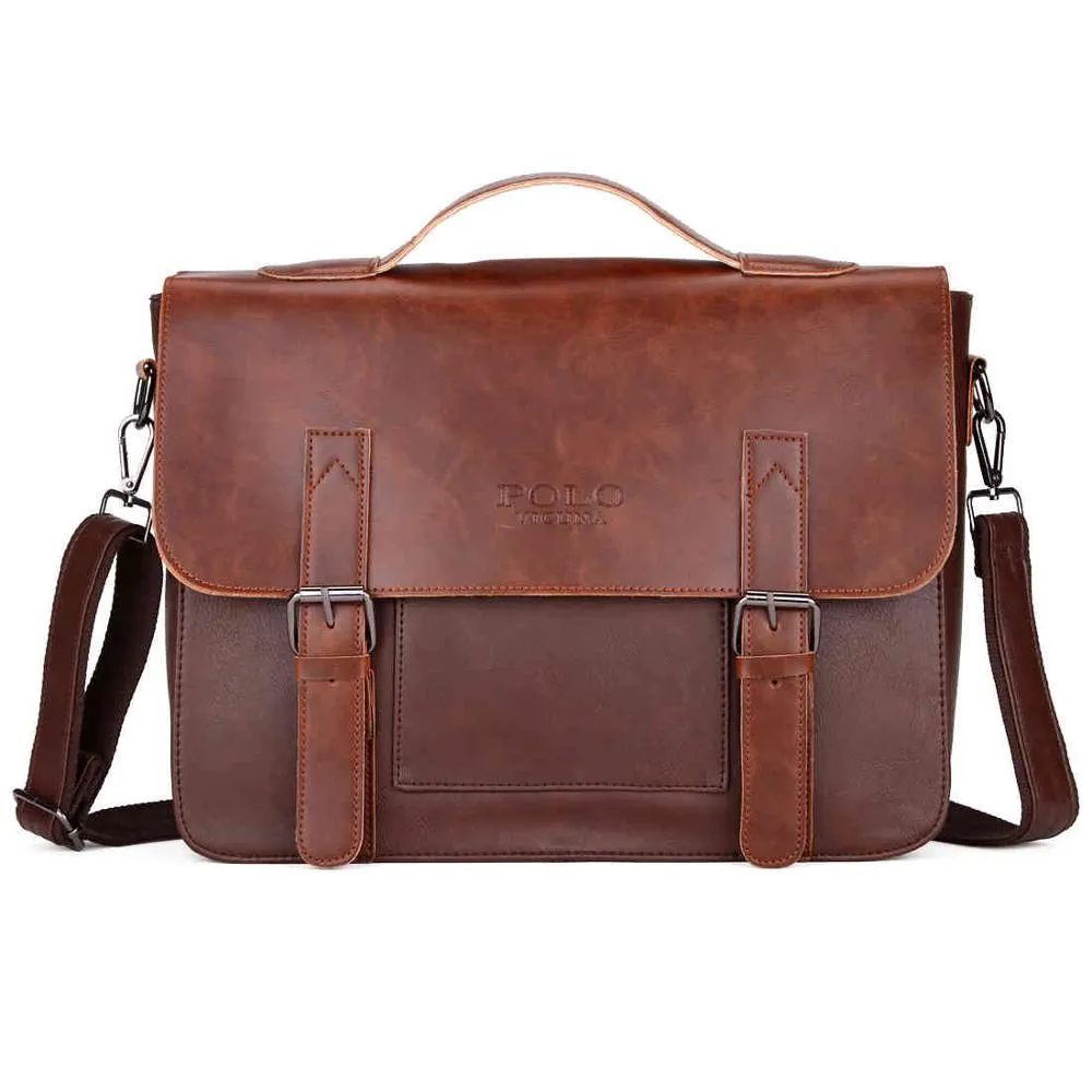 Double Belt Decor Businessmen Leather Briefcase