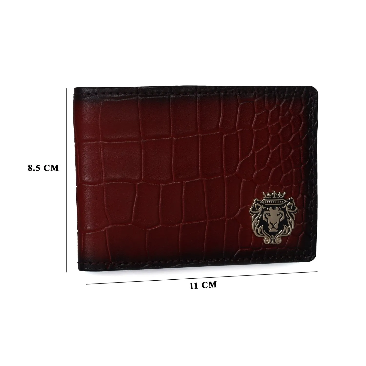 Espresso Bi-Fold Wallet in Croco Textured Leather with Metal Lion Logo