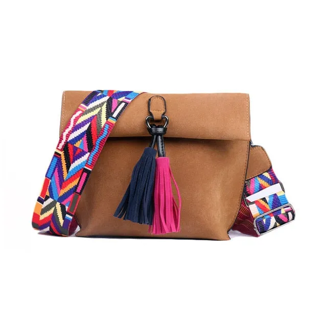 Female Stylish Tassel Trim Scrub PU Crossbody Bags With Colorful Strap