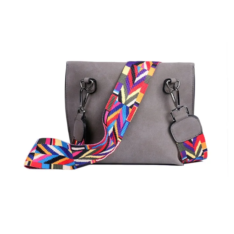 Female Stylish Tassel Trim Scrub PU Crossbody Bags With Colorful Strap