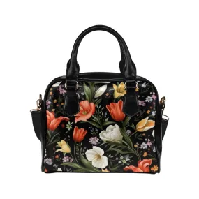 Floral Purse, Wild Flowers Yellow Red White Retro Pattern Cute Small Shoulder Zip Bag Vegan Leather Women Designer Handbag Crossbody Ladies