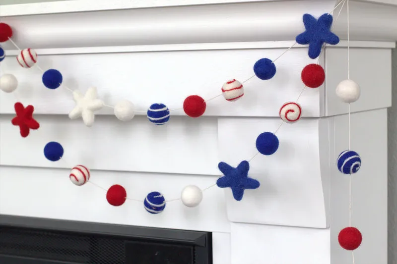 Fourth of July Felt Ball & Star Garland- Red, White, Blue- Swirls