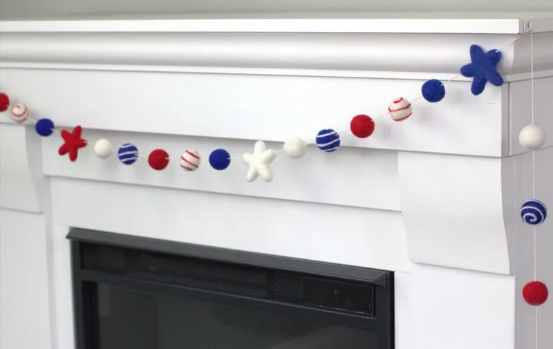 Fourth of July Felt Ball & Star Garland- Red, White, Blue- Swirls