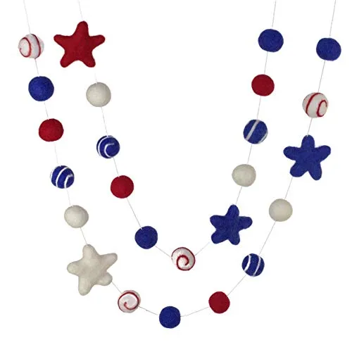 Fourth of July Felt Ball & Star Garland- Red, White, Blue- Swirls