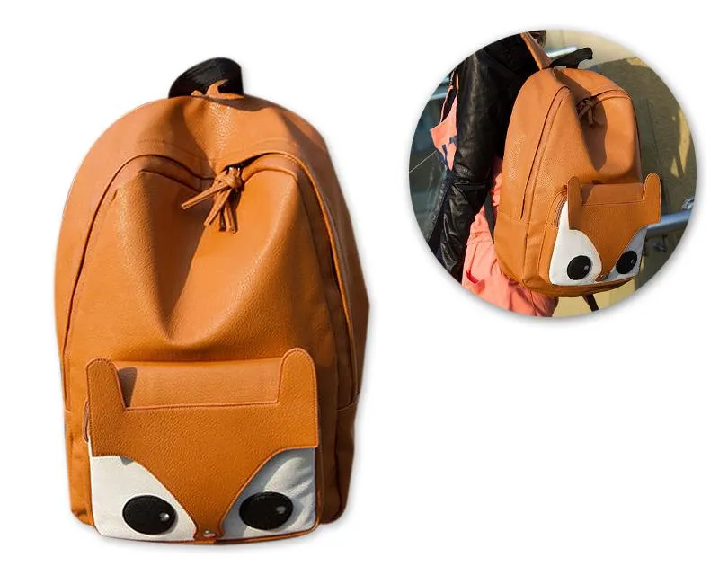 Fox Cartoon PU Leather Casual Backpack - Coffee