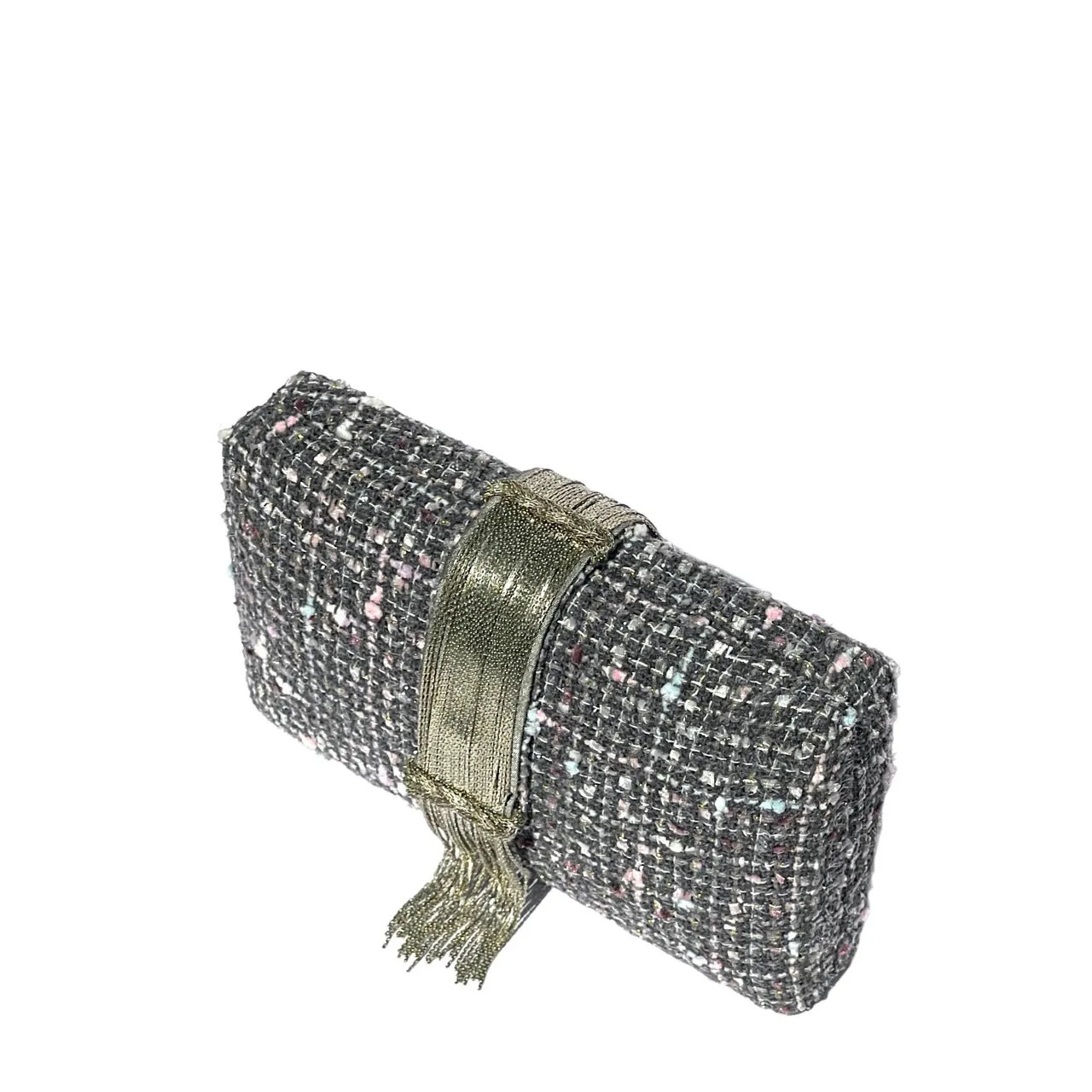 Gray Tweed Fringe Clutch