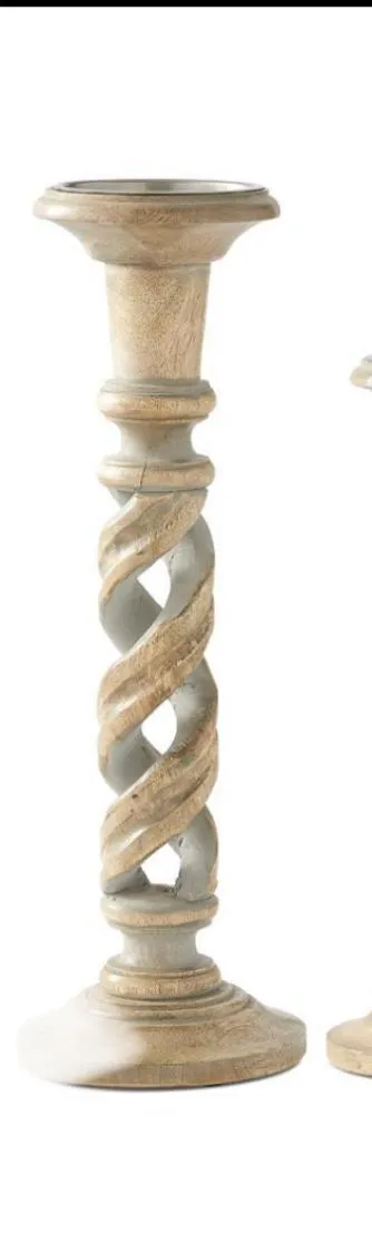 GRAY WASHED WOOD SPIRAL CUTOUT CANDLEHOLDERS