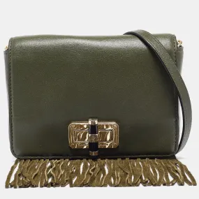 Green Leather Fringe Flap Crossbody Bag