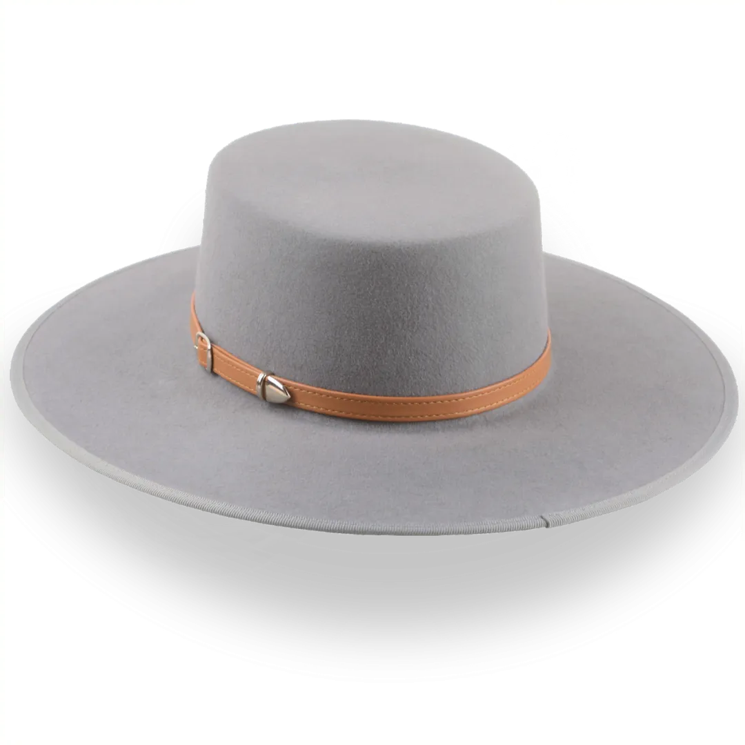 Grey Wide Brim Flat Top Cowboy Hat in High-Quality Fur Felt | The Tycoon