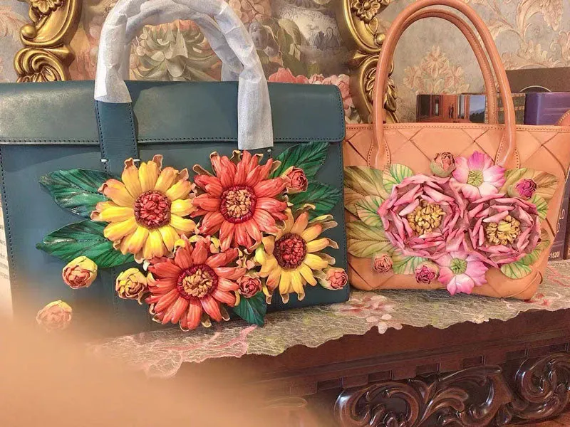 Handmade Casual Vintage Sunflower Flower Clusters Leather Handbag for Women