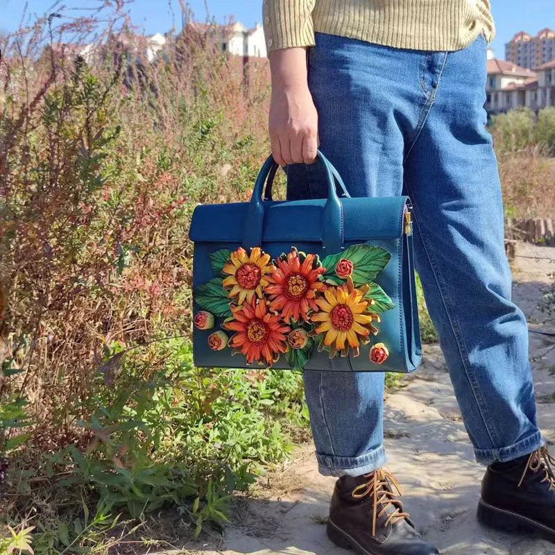 Handmade Casual Vintage Sunflower Flower Clusters Leather Handbag for Women