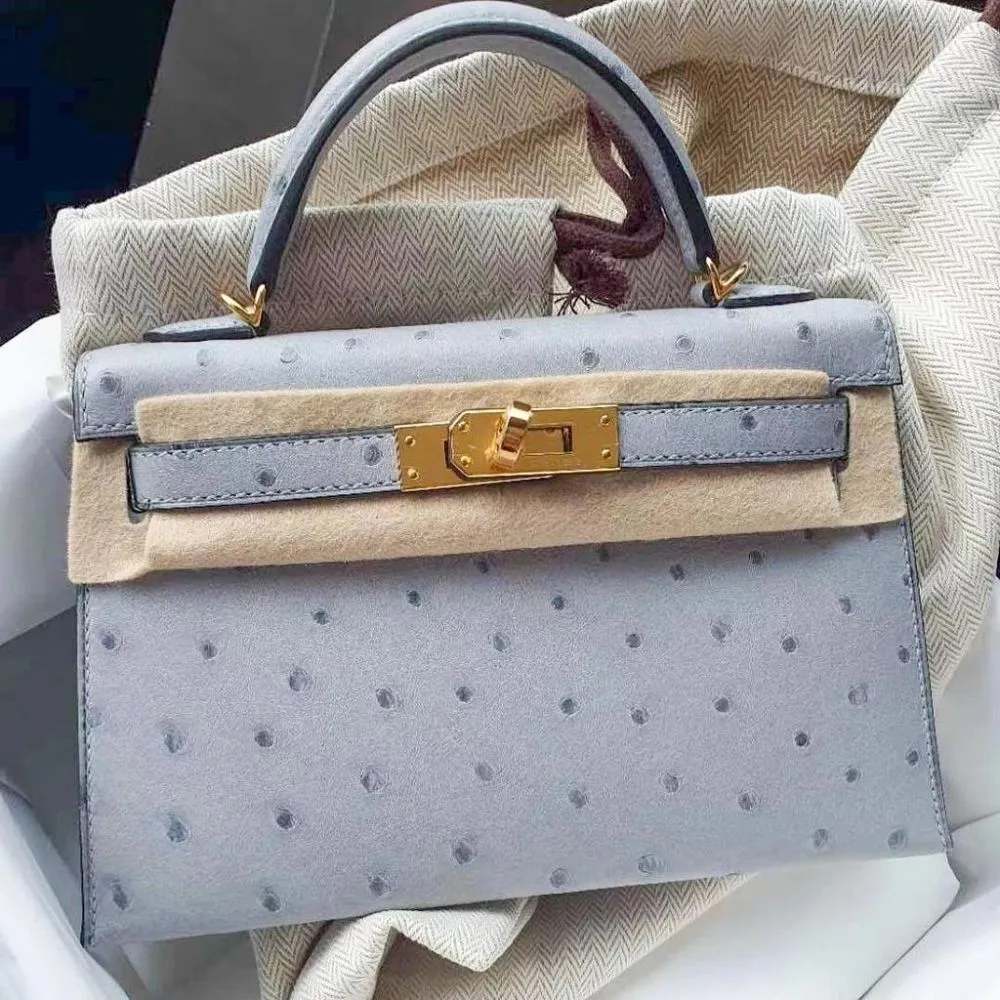 Hermès Kelly 20 Bleu Glacier Sellier Ostrich Gold Hardware GHW