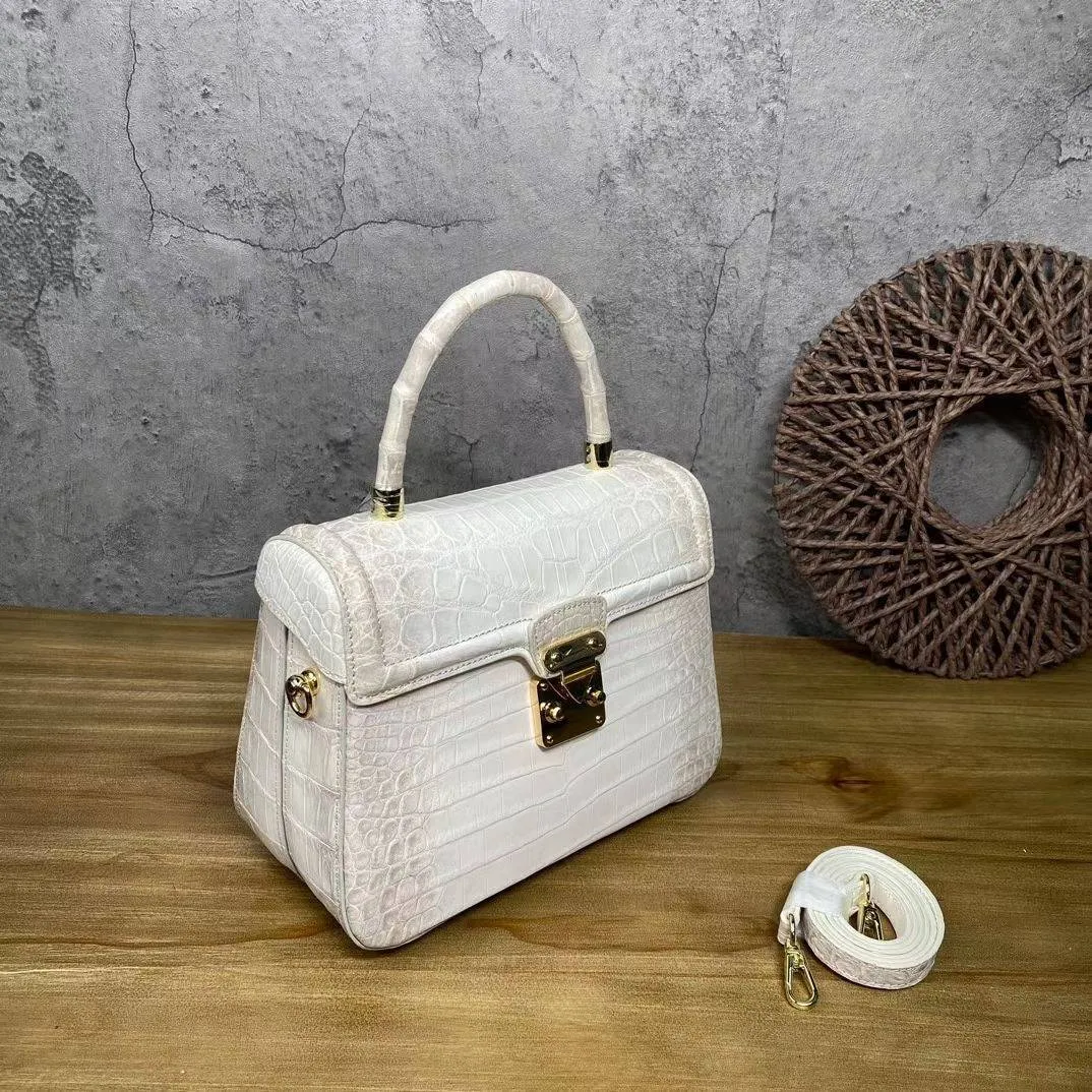 Himalaya White  Crocodile Skin Leather Top Handle Bags