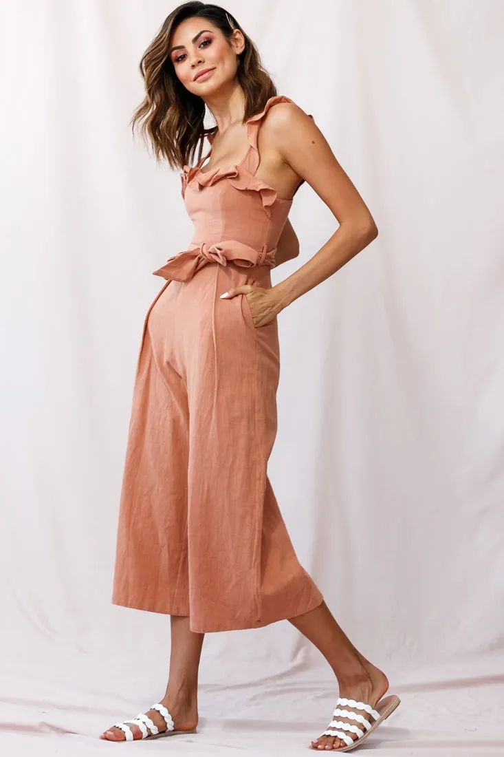 Kaia Ruffle Strap Wide-Leg Capri Jumpsuit Tan