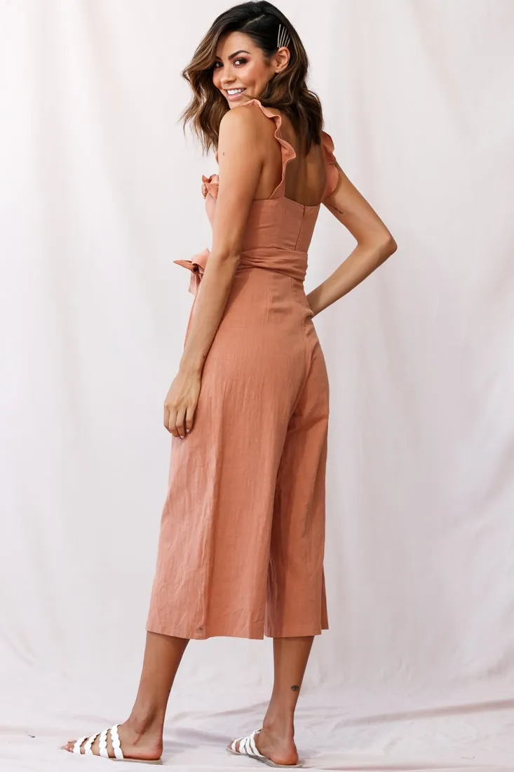 Kaia Ruffle Strap Wide-Leg Capri Jumpsuit Tan