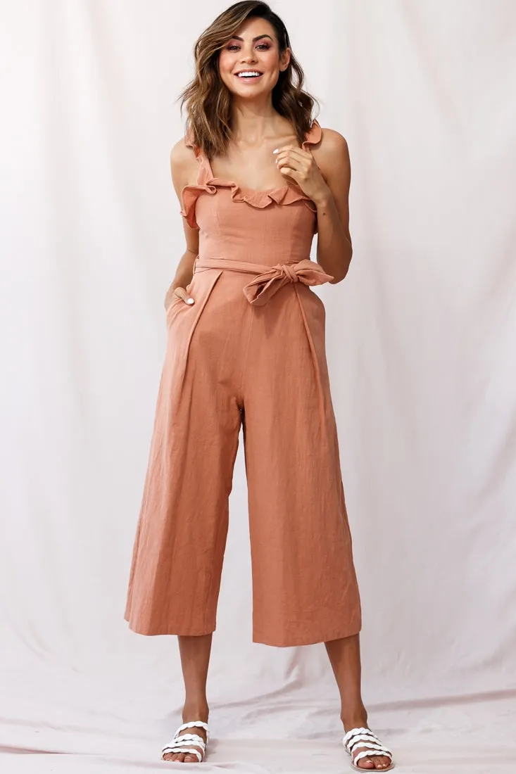 Kaia Ruffle Strap Wide-Leg Capri Jumpsuit Tan