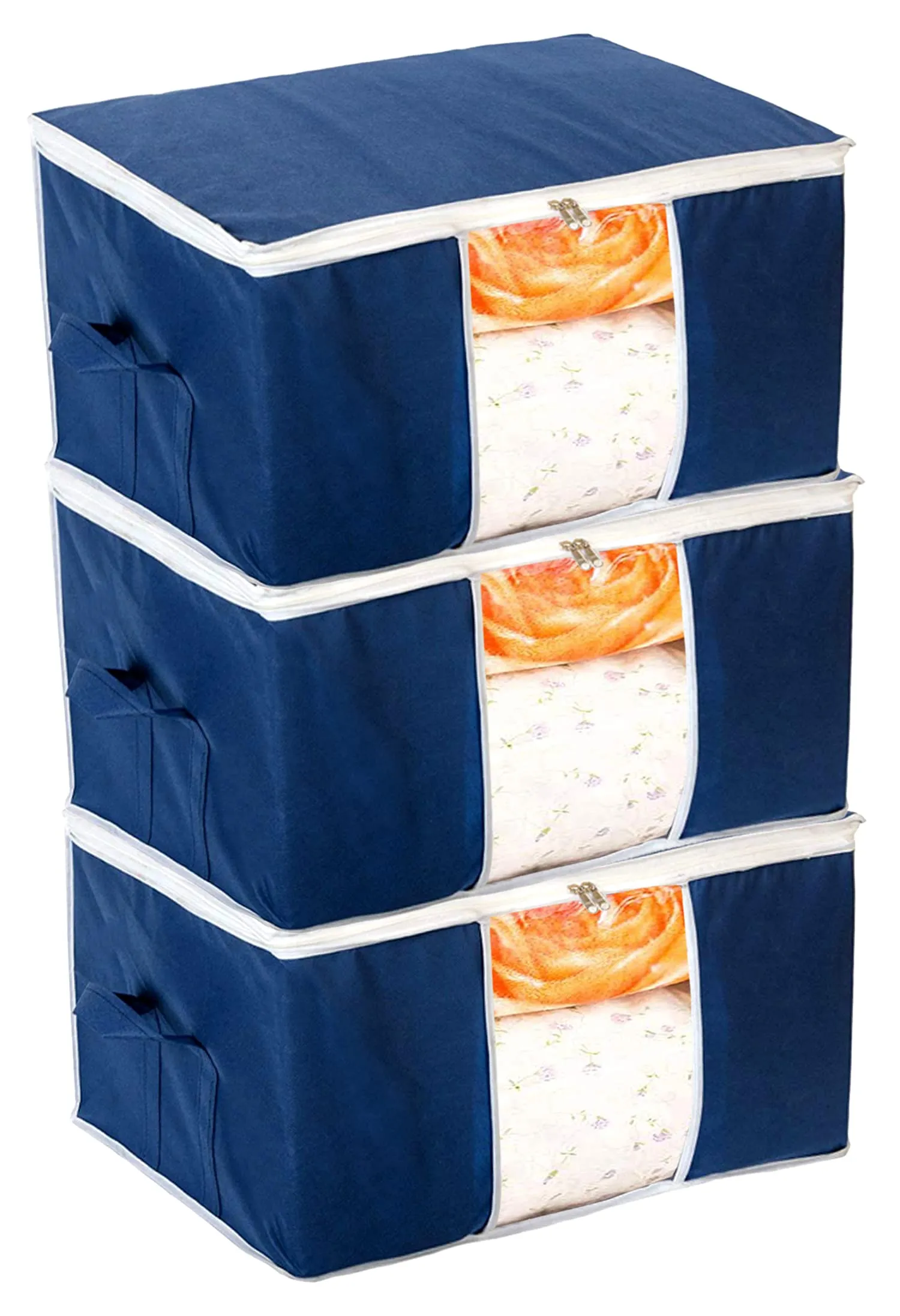 Kuber Industries Clothing Storage Bags, Under Bed Foldable Organizer, Store Blankets, Clothes with Tranasparent Window- Pack of 3 (Navy Blue)-HS_38_LUGGAGE21709