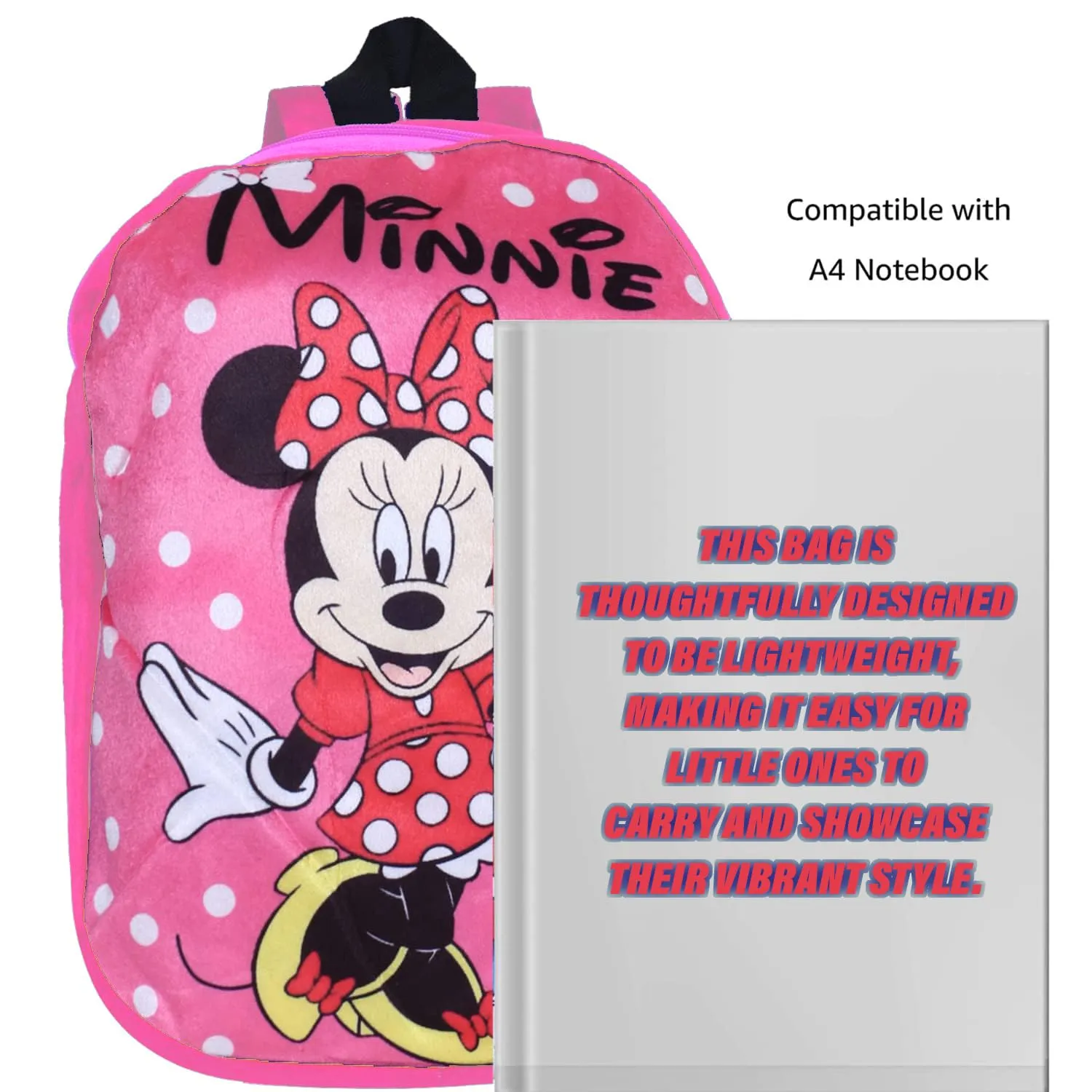 Kuber Industries Disney Minnie Backpack | 2 Compartment Velvet School Bag | Dot Print School Bag for Kids | Kids School Backpack | Backpack for School | Pink