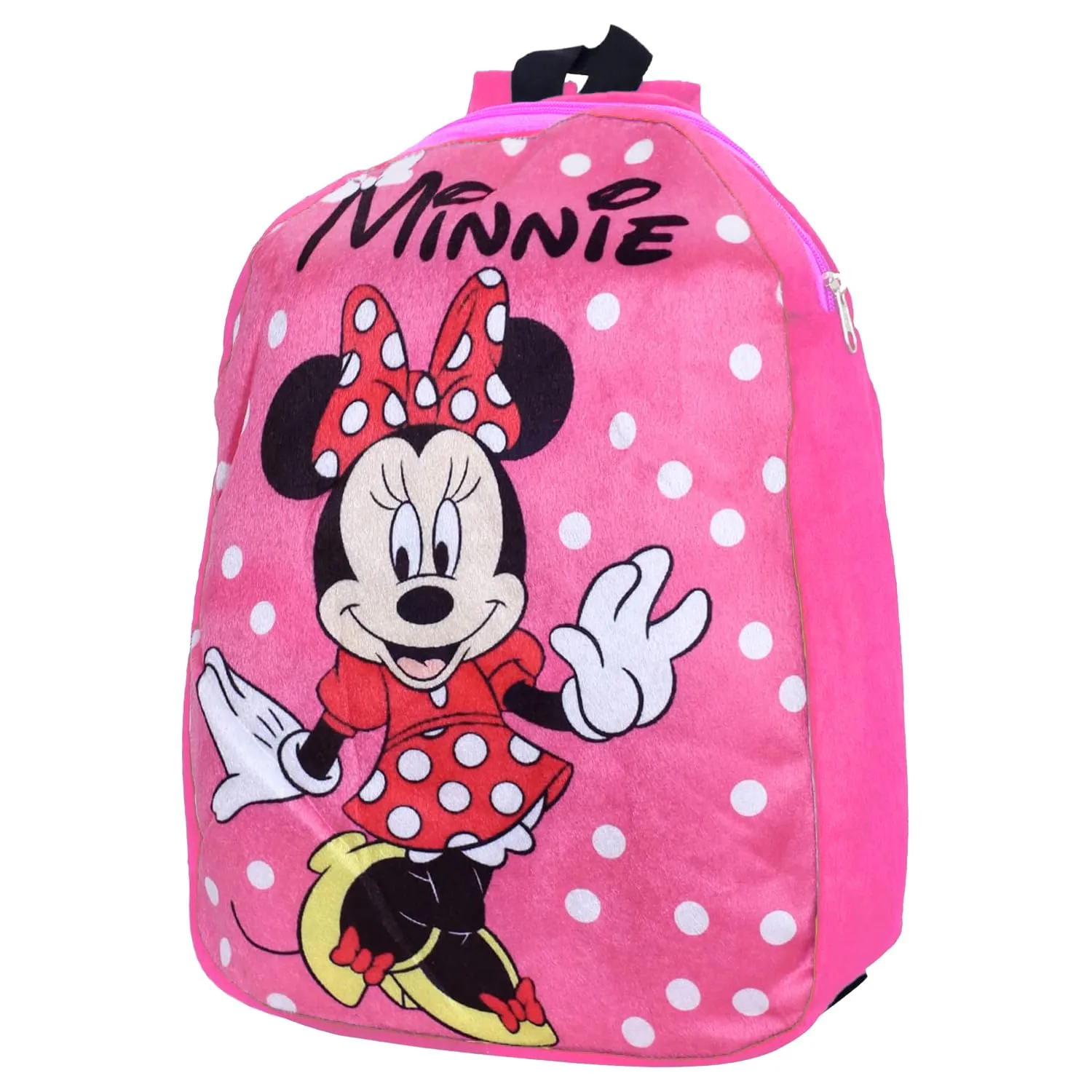 Kuber Industries Disney Minnie Backpack | 2 Compartment Velvet School Bag | Dot Print School Bag for Kids | Kids School Backpack | Backpack for School | Pink