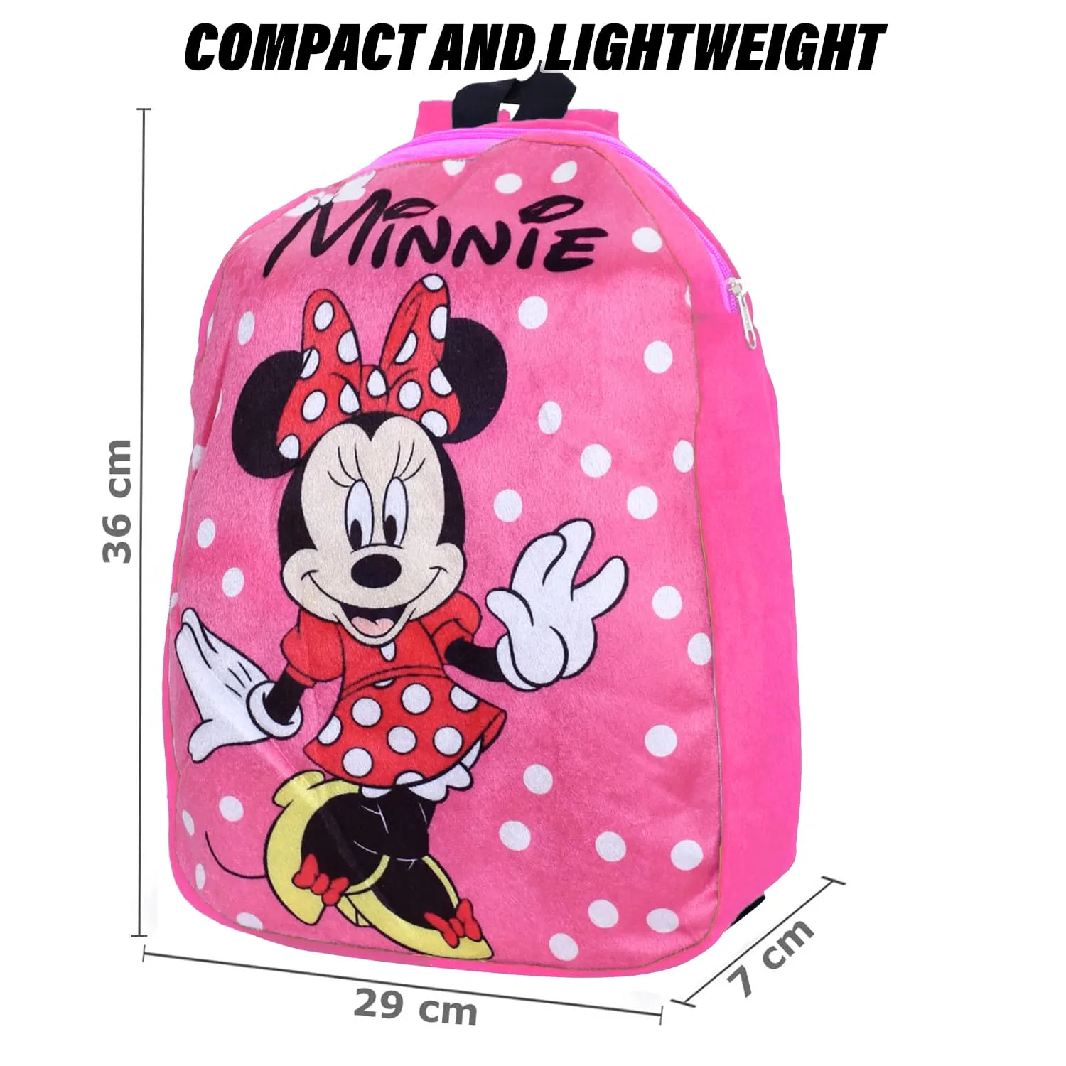 Kuber Industries Disney Minnie Backpack | 2 Compartment Velvet School Bag | Dot Print School Bag for Kids | Kids School Backpack | Backpack for School | Pink