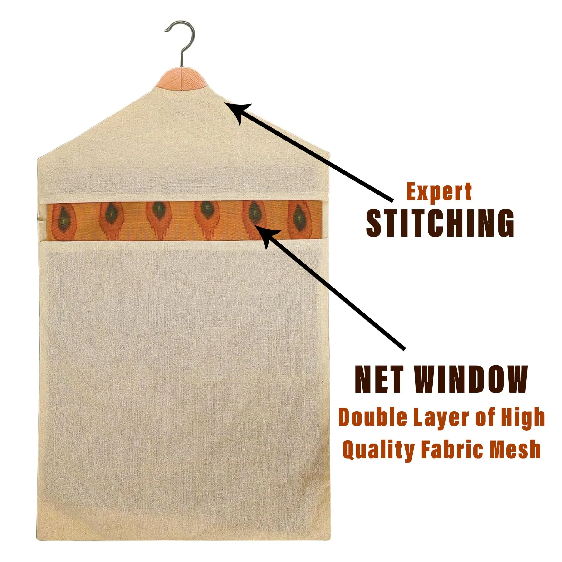 Kuber Industries Hanging Saree Bag | Cotton Clothes Bags for Storage | Hanging Cotton Saree Covers | Mesh Window Cloth Storage Bag | Saree Stoarge Covers with Zip | Pack of 3 | Cream