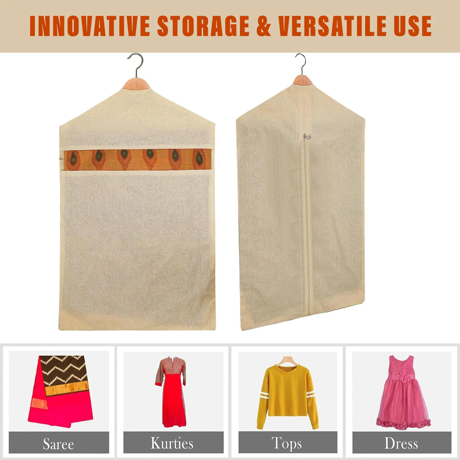 Kuber Industries Hanging Saree Bag | Cotton Clothes Bags for Storage | Hanging Cotton Saree Covers | Mesh Window Cloth Storage Bag | Saree Stoarge Covers with Zip | Pack of 3 | Cream